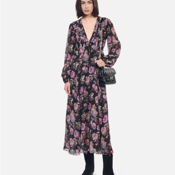 The Kooples Pink And Purple Wrap Midi Dress With Bishop Sleeves